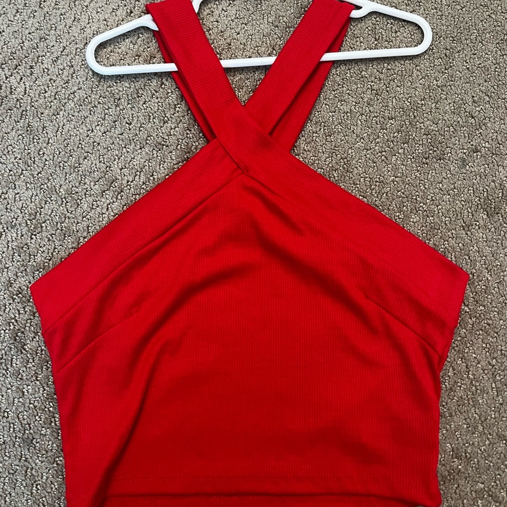 red cross neck crop top